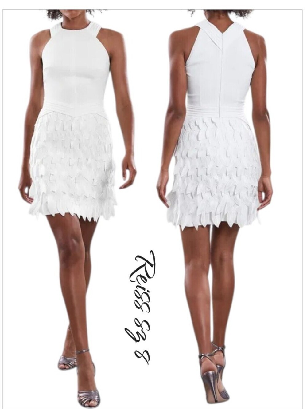 REISS White Flora Feather-Trim Halter Mini Dress Sz 8